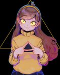  1girl :3 bangs bill_cipher black_background blue_skirt brown_hair closed_mouth eyelashes glowing glowing_eyes gravity_falls hairband hand_gesture hands_up highres long_hair long_sleeves looking_at_viewer mabel_pines own_hands_together skirt smile solo sweater swept_bangs tamaki_(tamaki599) triangle triangle_print turtleneck upper_body yellow_eyes yellow_sweater 