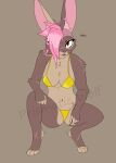  absurd_res anthro belladonna_(prismatic_wolf) bite_mark chest_tuft clothing crouching digitigrade eyebrow_piercing facial_piercing female fur hair hair_over_eye hi_res lagomorph leporid mammal multicolored_body multicolored_fur nose_piercing nose_ring one_eye_obstructed piercing pink_hair prismatic_wolf rabbit red_eyes ring_piercing scar scars_all_over solo swimwear tired_eyes tuft two_tone_body two_tone_fur yellow_clothing 