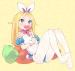  1girl animal_ears blonde_hair blue_eyes blush bow bright_pupils candy carrot_pillow fake_animal_ears fake_tail food frills heart holding holding_candy holding_food lollipop long_hair moyori no_shoes original pantyhose patterned patterned_background pink_bow rabbit_ears rabbit_tail solo tail white_pantyhose white_pupils 
