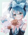  1girl :t bangs bare_shoulders black_sleeves blue_bow blue_eyes blue_hair blue_necktie blush bow cinnamiku cinnamon_roll cinnamoroll closed_mouth collared_shirt commentary crossover detached_sleeves diagonal_stripes eating food food_on_face hair_between_eyes hair_bow hatsune_miku holding holding_food long_sleeves looking_at_viewer necktie sanrio shirt sleeveless sleeveless_shirt spi striped striped_background updo upper_body vocaloid white_shirt wide_sleeves 
