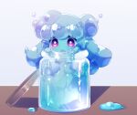  1girl blue_slime chibi commentary highres in_container in_jar jar long_hair minigirl monster_girl open_mouth original pink_eyes piyo_0426 reaching_out simple_background slime_(substance) slime_girl solo table 