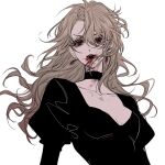  1girl arms_at_sides blood blood_on_face breasts choker dio_brando earrings eyelashes floating_hair genderswap genderswap_(mtf) hair_between_eyes jewelry jojo_no_kimyou_na_bouken juliet_sleeves kuimovi light_brown_hair long_hair long_sleeves looking_at_viewer puffy_sleeves red_eyes simple_background solo upper_body vampire white_background 