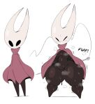  2022 anthro arthropod black_body bodily_fluids breasts cloak clothing english_text exclamation_point featureless_breasts featureless_crotch female hammerspace hi_res hollow_knight hornet_(hollow_knight) huge_hips huge_thighs navel non-mammal_breasts nude onomatopoeia purple_yoshi_draws slightly_chubby solo sound_effects sweat team_cherry text thick_thighs video_games wide_hips 