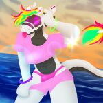  anthro clothing crop_top eyewear eyewear_on_head fondoffondant glowstick looking_at_viewer lycra_(fondoffondant) male pulling_pants_down sea shirt solo sunglasses sunglasses_on_head synth_(vader-san) tongue tongue_out topwear underwear undressing water 