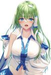  1girl bangs bare_shoulders blue_eyes breasts cleavage collared_shirt commentary crossed_bangs detached_sleeves frog_hair_ornament green_hair hair_between_eyes hair_ornament hair_tubes hand_up highres hot kochiya_sanae large_breasts liya long_hair long_sleeves looking_at_viewer navel open_mouth raised_eyebrows shirt simple_background sleeveless sleeveless_shirt snake_hair_ornament solo sweat touhou upper_body white_background white_shirt wide_sleeves 