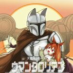  1girl 1other animal_ears armor brown_cloak brown_hair cloak commentary cosplay daiwa_scarlet_(umamusume) din_djarin din_djarin_(cosplay) grogu grogu_(cosplay) helmet horse_ears horse_girl horse_tail kandasasuke long_hair mandalorian red_eyes robe scene_reference spacecraft star_wars tail the_mandalorian umamusume younger 