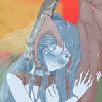  2022 animate_inanimate anthro blaidd_(elden_ring) blue_body blue_hair blush blush_lines breasts canid canine canis digital_media_(artwork) doll duo elden_ring female fromsoftware fur hair hi_res human interspecies living_doll male male/female mammal one_eye_closed ranni_the_witch scar smile video_games wolf zackthedraq 