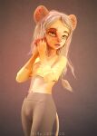  3d_(artwork) accessory animal_humanoid anthro blonde_hair blush bottomwear braided_hair breasts brown_eyebrows camel_toe clasped_hands clothed clothing crop_top digital_media_(artwork) eyebrows female freckles geir green_eyes hair hair_accessory hair_tie hi_res humanoid inner_ear_fluff longsleeve makeup mammal mammal_humanoid markings midriff mouse mouse_humanoid murid murid_humanoid murine murine_humanoid nails navel open_mouth pants ponytail portia_(geir) rodent rodent_humanoid shirt simple_background small_breasts solo standing suntan tan_body tan_line tan_skin teeth text text_on_clothing text_on_topwear topwear tuft url yoga_pants young 
