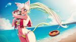  1girl animal_ears beach bikini blue_sky breasts cat_ears clickdraws cloud commission heart heart-shaped_pupils highres hug ocean open_mouth original ponytail ribbon self_upload sky smile summer swimsuit symbol-shaped_pupils tail tattoo virtual_youtuber white_hair 