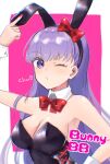  1girl animal_ears bb_(fate) blowing_kiss bow bowtie breasts commentary_request detached_collar english_text fate/extra fate/extra_ccc fate/grand_order fate_(series) hair_bow highres large_breasts long_hair one_eye_closed playboy_bunny purple_eyes purple_hair rabbit_ears red_bow red_bowtie solo to_moyomoyo wrist_cuffs 