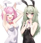  2girls :d ^_^ animal_ears armpits black_leotard bow bowtie breasts bunny_day bunny_pose character_request ciawasemono closed_eyes closed_mouth covered_navel detached_collar embarrassed fake_animal_ears green_hair happy highres leotard long_hair multiple_girls open_mouth pink_hair playboy_bunny project_sekai purple_bow purple_bowtie purple_eyes rabbit_ears red_bow red_bowtie short_hair simple_background small_breasts smile strapless strapless_leotard very_long_hair white_background white_leotard wrist_cuffs 