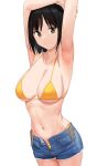  1girl anti_(0324) armpits arms_up bikini bikini_under_clothes black_hair breasts cleavage collarbone denim denim_shorts looking_at_viewer medium_breasts mole mole_under_eye navel original shorts side-tie_bikini simple_background smile swimsuit white_background yellow_bikini 