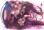  1girl absurdres artist_logo bat_wings blood blood_from_mouth blood_in_mouth breasts choker cleavage fangs garter_straps high_heels highres horns huge_breasts lips long_hair navel open_mouth original parkjinsuky pink_hair solo splatter_background thighs very_long_hair white_background wings 