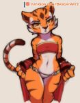  anthro bandeau brachyzoid clothing dreamworks felid female kung_fu_panda looking_at_viewer mammal master_tigress navel open_mouth pantherine panties portrait simple_background solo standing stripes thick_thighs three-quarter_portrait tiger topwear underwear undressing wide_hips 