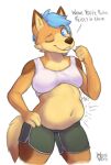  abdominal_bulge after_vore anthro belly big_belly blue_eyes blue_hair bottomwear bra breasts canid canine canis clothing coyote dialogue digestion female female_pred fur hair hi_res mammal navel one_eye_closed shorts solo sports_bra struggling_prey tan_body tan_fur underwear vore wink wonivero 