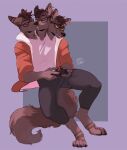  anthro bottomwear canid cerberus clothing controller european_mythology eyewear game_controller glasses greek_mythology hi_res hoodie kissing male mammal multi_head mythology oukaarts pants self_kiss shirt sitting tongue tongue_out topwear 