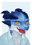  anthro blue_body blue_scales clothed clothing collarbone color_fox dragon hi_res horn multicolored_body multicolored_scales open_mouth open_smile pupils red_tongue reptile scales scalie slit_pupils smile solo tongue topwear white_body white_scales 
