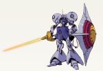  absurdres beam_saber cunkou_mangren glowing glowing_eye grey_background gundam gyan highres holding holding_sword holding_weapon mecha mobile_suit_gundam nagano_mamoru_(style) no_humans one-eyed open_hand parody purple_eyes robot science_fiction shield solo standing style_parody sword weapon 