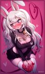  1girl animal_ears blush breasts chocolate cleavage clickdraws collarbone commission heart highres indie_virtual_youtuber large_breasts mioshi_(vtuber) navel rabbit_ears self_upload skirt twintails underboob valentine virtual_youtuber white_hair 