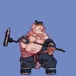  2022 animated anthro belly big_belly clothed clothing domestic_pig hat headgear headwear hi_res kemono male mammal moobs overweight overweight_male simple_background solo suid suina sus_(pig) weapon yimingsama 