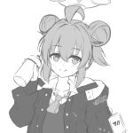  1girl :q ahoge bangs blue_archive double_bun greyscale hair_bun halo hand_up holding id_card jacket light_blush long_sleeves looking_at_viewer maki_(blue_archive) miso_(misomiso_154) monochrome necktie paint_on_clothes short_hair sketch smile solo spray_can spray_paint sweater_vest tongue tongue_out white_background 