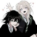  2girls :d albus_severus_potter black_coat black_hair black_sweater blonde_hair blue_eyes character_name coat collared_shirt genderswap genderswap_(mtf) green_eyes green_necktie hand_up harry_potter_(series) harry_potter_and_the_cursed_child highres hogwarts_school_uniform kuimovi long_hair long_sleeves multiple_girls necktie open_mouth school_uniform scorpius_malfoy shirt short_hair simple_background slytherin smile sparkle striped_necktie sweater waving white_background white_shirt 