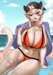  abs anthro bandage_on_face baseball_cap beach beach_towel big_breasts bikini blonde_hair breasts clothing felid female frankie_(extremedash) hair hat headgear headwear hi_res holding_object holding_towel huge_breasts kemono lion mammal navel nia4294 open_mouth outside pantherine red_eyes seaside sitting sitting_on_ground smile solo swimwear towel white_body 