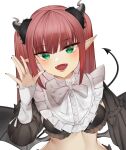  1girl bangs black_nails blunt_bangs blush breasts cosplay demon_girl demon_horns demon_tail demon_wings fake_horns fake_tail fake_wings fangs fingernails frills from_below hand_up hands_up horns kitagawa_marin light_blush lips long_fingernails long_hair long_pointy_ears long_sleeves looking_at_viewer lower_teeth mooouluren open_hand open_mouth pointy_ears pov puffy_sleeves red_hair rizu-kyun sidelocks simple_background smile solo sono_bisque_doll_wa_koi_wo_suru tail teeth tongue two_side_up upper_body white_background wings 