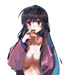  1girl blush boku_no_kanojo_wa_ningyohime!? brown_hair cheese dripping eating food food_on_breasts hair_between_eyes highres holding holding_food koma_ion long_hair looking_at_viewer nunvora painterly pizza red_eyes simple_background sketch solo talesshop upper_body white_background 