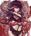  1girl absurdres artist_logo black_hair breasts cleavage gloves hair_between_eyes highres holding holding_weapon kill_la_kill lips looking_at_viewer matoi_ryuuko navel parkjinsuky parted_lips pleated_skirt red_background red_eyes short_hair skirt solo upper_body weapon white_background 