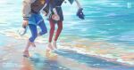  2girls amity_blight artist_name barefoot beach black_nails highres holding holding_hands holding_shoes jacket jewelry long_sleeves luz_noceda multiple_girls nail_polish necklace ocean out_of_frame shoes shoes_removed shore skirt star_(symbol) the_owl_house victoriajunmei water watermark yuri 