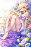  1girl ass bare_legs bare_shoulders barefoot blonde_hair breasts dorsiflexion feet flower full_body holding holding_flower large_breasts long_hair looking_at_viewer medium_breasts no_bra no_shoes original presenting_foot red_eyes toes very_long_hair yellow_eyes yue_xiao_e 