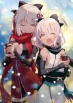  2girls ahoge black_scarf blonde_hair breasts cleavage drink fate/grand_order fate_(series) highres large_breasts multiple_girls nichiru okita_souji_(fate) okita_souji_alter_(fate) one_eye_closed red_scarf scarf smile snow yellow_eyes 