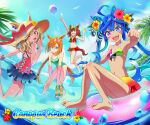  +_+ 4girls @_@ alternate_costume animal_ears ball bangs bare_shoulders barefoot beachball bikini bikini_skirt blue_eyes blue_hair blush braid braided_ponytail breasts brown_hair casual_one-piece_swimsuit cleavage crossed_bangs ears_through_headwear english_text flower glasses glint green_swimsuit hair_flower hair_ornament hairclip halter_top halterneck hat heterochromia highres holding holding_clothes holding_footwear horse_ears horse_girl horse_tail ikuno_dictus_(umamusume) innertube jumping long_hair looking_at_viewer matikane_tannhauser_(umamusume) medium_breasts medium_hair multicolored_bikini multicolored_clothes multiple_girls navel nice_nature_(umamusume) okken one-piece_swimsuit open_mouth orange_hair palm_tree purple_eyes reaching_out red_bikini round_eyewear small_breasts smile standing straw_hat striped striped_bikini swimsuit tail tan tanlines tree twin_turbo_(umamusume) twintails umamusume wading water wristband yellow_eyes 