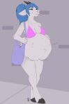  absurd_res anthro belly big_belly bikini bikini_top bloated blue_hair bovid brick_wall caprine clothing female female_pred goat hair hand_on_own_belly hand_on_stomach hi_res hooves mammal navel oral_vore ponytail purse rumbling_stomach smile solo swimwear tenewuff vore wall_(structure) 