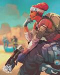  1girl apex_legends backpack bag baggy_pants blue_gloves blurry blurry_background brown_tank_top character_request d.o.c._health_drone dark-skinned_female dark_skin detached_sleeves double_bun eyeliner from_side gloves gun hair_bun handgun headband headset highres holding holding_gun holding_weapon jahnoy_lindsay lifeline_(apex_legends) lips makeup nose pants pathfinder_(apex_legends) pouch red_hair short_hair shoulder_tattoo sitting solo_focus tank_top tattoo toned trigger_discipline weapon white_headband 