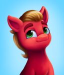  blue_background digital_media_(artwork) earth_pony equid equine eyebrows feral green_eyes hasbro horse malarkey_(artist) male mammal mane mlp_g5 my_little_pony pony portrait red_body simple_background smile solo sprout_cloverleaf_(mlp) thick_eyebrows 