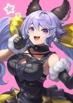  1girl :3 animal_ears asymmetrical_gloves bangs black_gloves breasts cleavage cleavage_cutout clothing_cutout detached_collar dress elbow_gloves gloves granblue_fantasy hair_ornament hand_up highres index_finger_raised large_breasts long_hair looking_at_viewer open_mouth pink_background purple_eyes purple_hair satyr_(granblue_fantasy) simple_background single_elbow_glove sleeveless sleeveless_dress smile solo star_(symbol) twintails uneven_gloves upper_body yuiko_(yuiyuiko_108) 