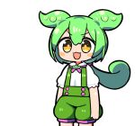  1girl :3 :d bangs blush_stickers brown_eyes collared_shirt copyright_request green_hair green_shorts hair_between_eyes kanikama looking_at_viewer puffy_short_sleeves puffy_shorts puffy_sleeves shirt short_shorts short_sleeves shorts simple_background smile solo suspender_shorts suspenders v-shaped_eyebrows white_background white_shirt 