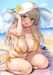  1girl bangs bare_arms bare_legs bare_shoulders barefoot beach bikini blue_archive blue_sky blush breasts cleavage cloud collarbone day ebifurya flower front-tie_bikini front-tie_top green_eyes hat hat_flower hat_ribbon highres large_breasts light_brown_hair long_hair looking_at_viewer navel nonomi_(blue_archive) nonomi_(swimsuit)_(blue_archive) ocean official_alternate_costume open_mouth outdoors plump ribbon sand seiza side-tie_bikini sitting sky smile solo stomach sun_hat swept_bangs swimsuit thighs twitter_username water yellow_bikini 