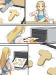  appliance apron bag baking baking_tray blonde_hair blush bowl breath_of_the_wild clothing comic container cookie cookie_cutter female flour food green_eyes hair humanoid humanoid_pointy_ears humor hylian keirenkun kitchen_appliance long_hair nintendo oven penis_shape princess_zelda shirt smile the_legend_of_zelda topwear video_games wisk 