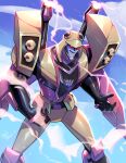  absurdres blitzwing cloud decepticon english_commentary highres lina_rojas mecha open_hands open_mouth red_eyes robot science_fiction shoulder_cannon sky smile solo transformers transformers_animated 