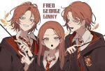  1girl 2boys :d :o black_coat blue_eyes brother_and_sister brothers brown_eyes brown_hair coat collared_shirt freckles fred_weasley george_weasley ginny_weasley grin gryffindor hair_between_eyes hair_ornament hairclip hand_up harry_potter_(series) hogwarts_school_uniform holding holding_wand kuimovi long_hair long_sleeves looking_at_viewer multiple_boys necktie portrait red_necktie school_uniform shirt siblings smile striped_necktie twins w wand white_background 