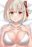  bangs bed_sheet bikini blonde_hair blush breasts collarbone hair_ribbon hands_on_own_chest highres large_breasts looking_at_viewer lycoris_recoil lying nishikigi_chisato on_back orange_eyes parted_lips red_ribbon ribbon shiitake_taishi short_hair smile swimsuit teeth underboob upper_body white_bikini 