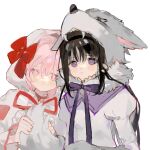  2girls akemi_homura alternate_costume animal_costume animal_hands animal_hood bangs black_hair black_hairband bow center_frills choker cloak expressionless fangpili frills fur-trimmed_hood fur_trim grey_cloak grey_jacket hairband highres holding_another&#039;s_tail holding_tail hood hood_up hooded_cloak jacket kaname_madoka long_hair long_sleeves looking_ahead looking_to_the_side mahou_shoujo_madoka_magica multiple_girls neck_ribbon pink_eyes pink_hair purple_eyes red_bow red_choker ribbon short_hair sidelocks simple_background tail upper_body white_background wolf_costume wolf_hood wolf_paws wolf_tail 