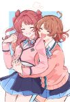  2girls ^_^ ahoge blue_overskirt blue_ribbon blue_skirt blush brown_hair cardigan closed_eyes commentary gakuen_idolmaster grin hanami_saki hanami_ume hatsuboshi_gakuen_school_uniform heart heart_ahoge highres holding_hands hug hug_from_behind idolmaster interlocked_fingers jacket long_sleeves multiple_girls neck_ribbon outside_border pink_cardigan pink_jacket pleated_skirt red_hair ribbon school_uniform shirt siblings sisters skirt smile taya_(geshutarutoto) white_shirt 