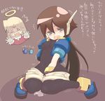  1girl aile bad_id bad_pixiv_id blue_eyes blush bodysuit brown_hair girouette glasses kannagi_kaname long_hair masturbation ponytail pussy_juice rockman rockman_zx tears translated trembling wings 