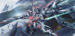  absurdres beam_cannon beam_saber commentary_request debris dual_wielding energy_cannon flying green_eyes gundam gundam_calibarn gundam_suisei_no_majo highres holding holding_cannon holding_sword holding_weapon legs_apart lens_flare mecha mecha_focus mobile_suit no_humans robot science_fiction solo sword thrusters v-fin veerinly weapon 