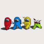  4others among_us blood blue_(among_us) bone cartoon_bone crewmate_(among_us) full_body green_(among_us) grey_background highres implied_murder index_finger_raised kaerudouhu multiple_others rayman_limbs red_(among_us) simple_background spacesuit surprised walking yellow_(among_us) 