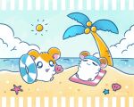  animal animal_focus beach beach_towel closed_eyes cloud coconut coconut_tree commentary_request hamster hamtaro hamtaro_(series) holding innertube jin_(jin3jin3) kaburu_(hamtaro) no_humans outdoors palm_tree seashell shell sky sparkle starfish sun swim_ring towel tree 